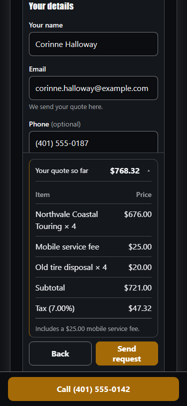 The customer sees an itemized quote and sends the request, on a phone